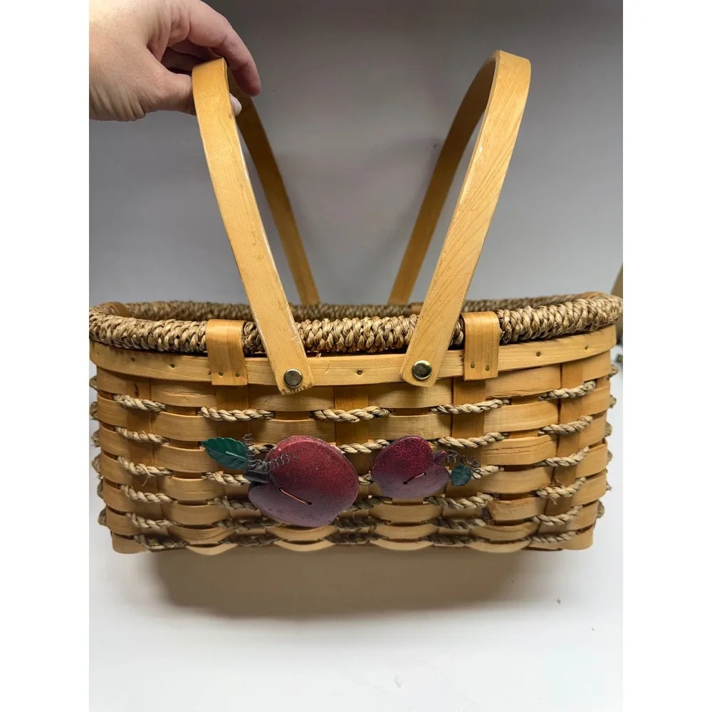 Set of 2 Woven Wood Apple Baskets Rustic Farmhouse Decor with Rope Accents